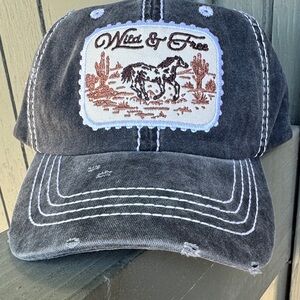 Gray Distressed Cap with Embroidered Horse Design